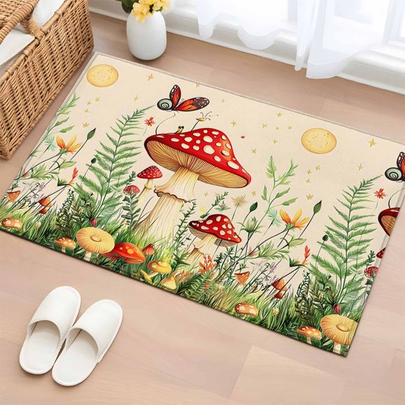 Red Mushroom Bathroom Rug Washable 2x3 Entryway Rug Non Slip Watercolor Spring Summer Floral Front Door Mat Low Pile Indoor Doormat Throw Floor Carpet for Kitchen Bedroom Entrance