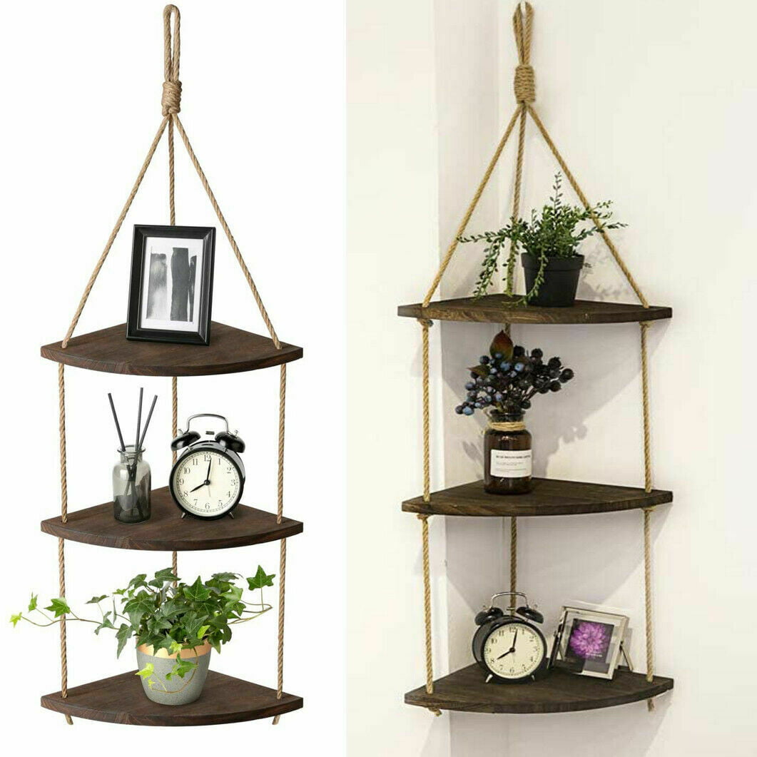 Modern Wall Storage Rack Rope Hanging Plant Flower Pot Corner Shelf Home Deco # 