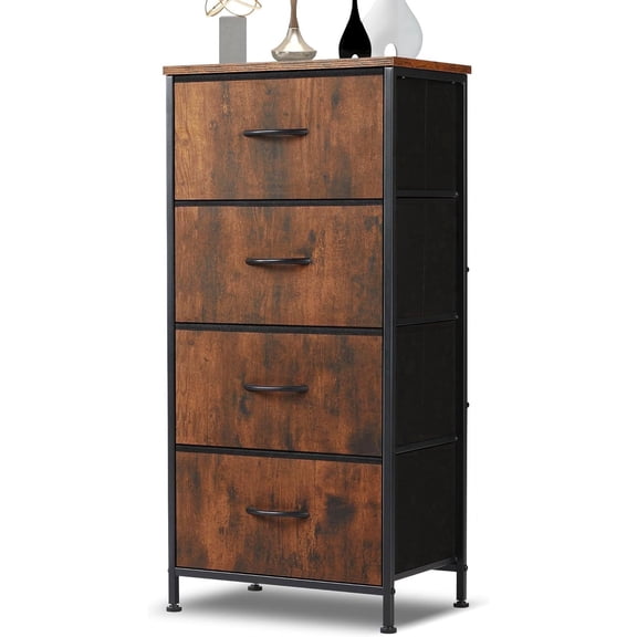 Nextay 4 Drawer Dresser, Tall Chest Of Drawers Nightstand Storage Tower Storage Dresser Fabric Dresser With Wood Top for Living Room, Bedroom, Hallway,Rust