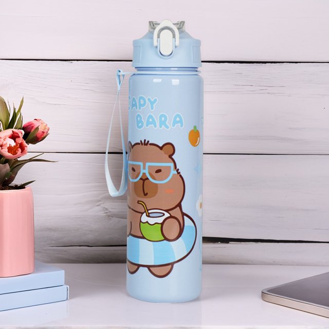 Botella de agua 700ml Capybara linda taza con paja y mango de viaje azul