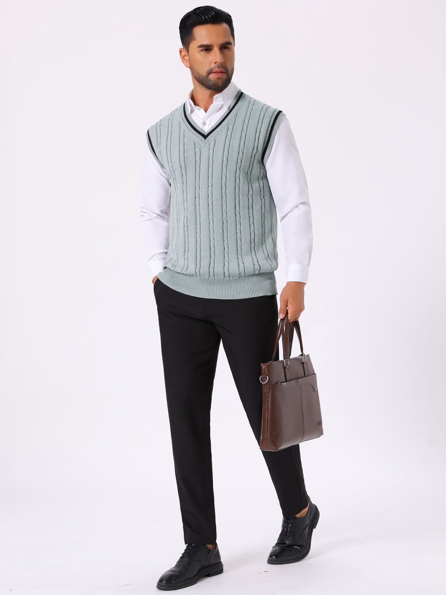 DARING DIVA Men's Solid Color V-Neck Sleeveless Cable Knitted Sweater Vest XL Light Gray
