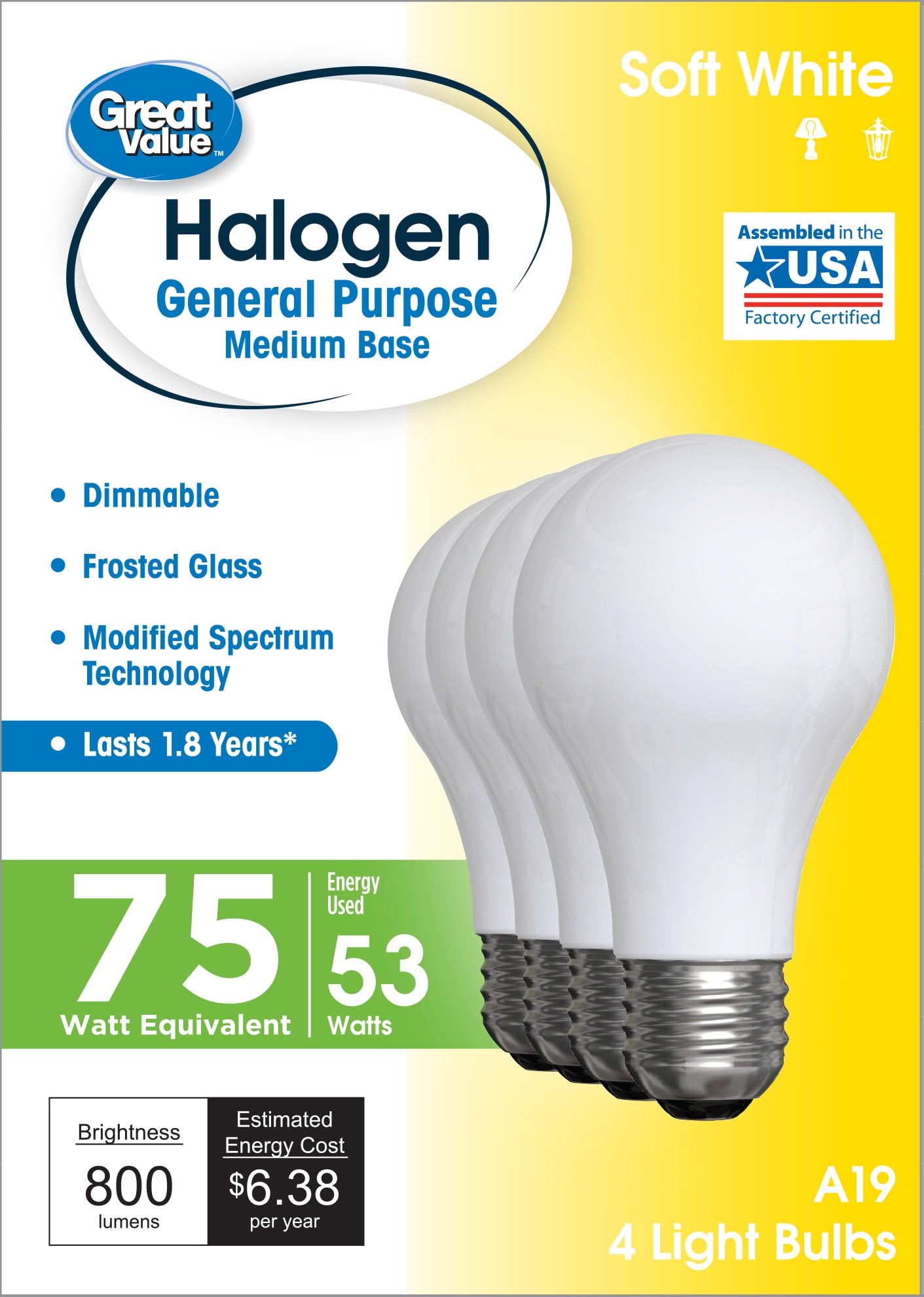 Great Value Halogen Light Bulbs, 75 Watt, Soft White, A19 General Purpose, 4pk