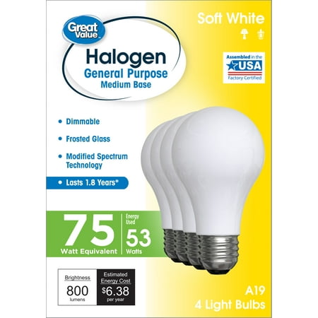 Great Value Halogen Light Bulbs  75 Watt  Soft White  A19 General Purpose  4pk