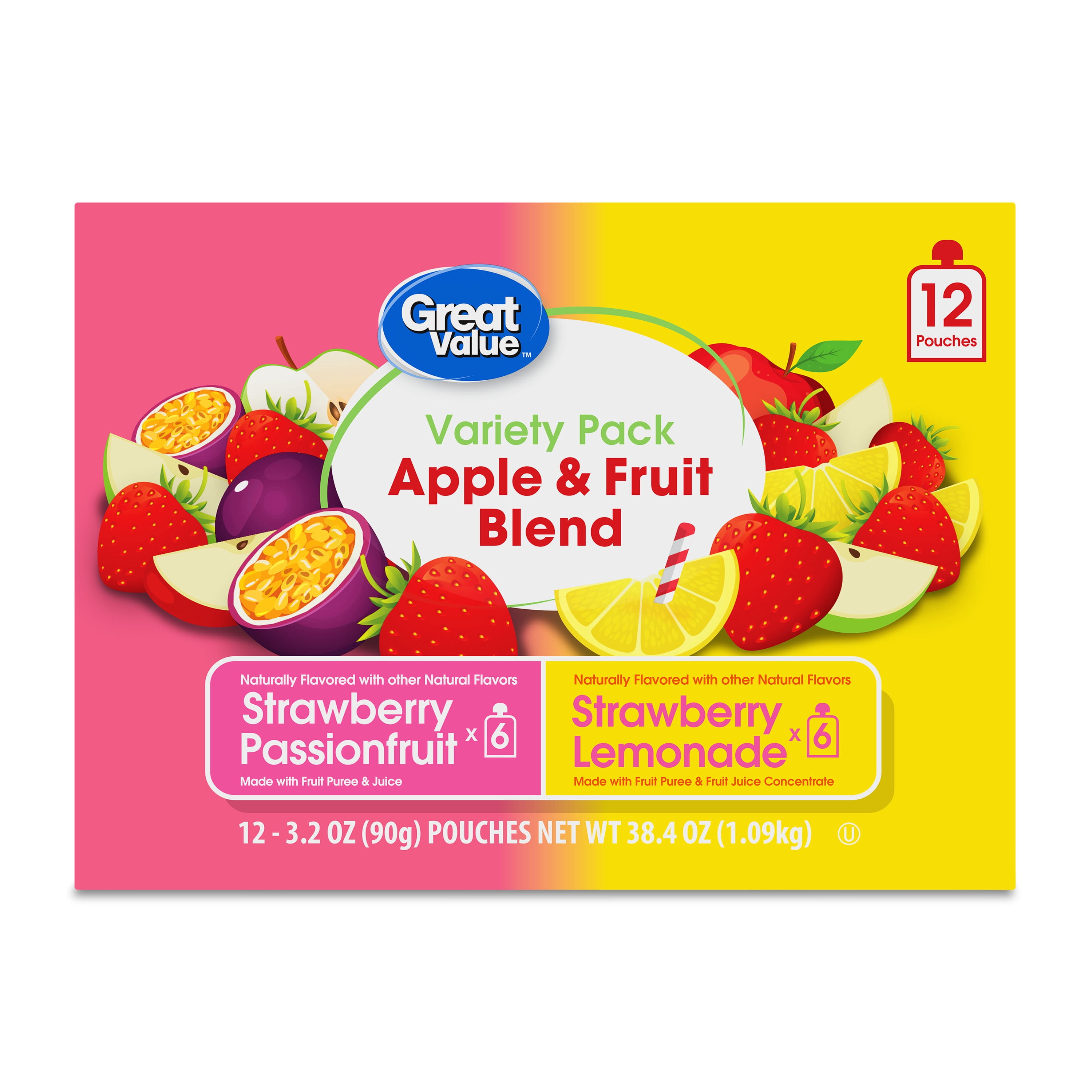 (3 pack) Great Value Strawberry Passionfruit and Strawberry Lemonade Fruit Blend Applesauce Pouches, 3.2 oz, 12 Count Box