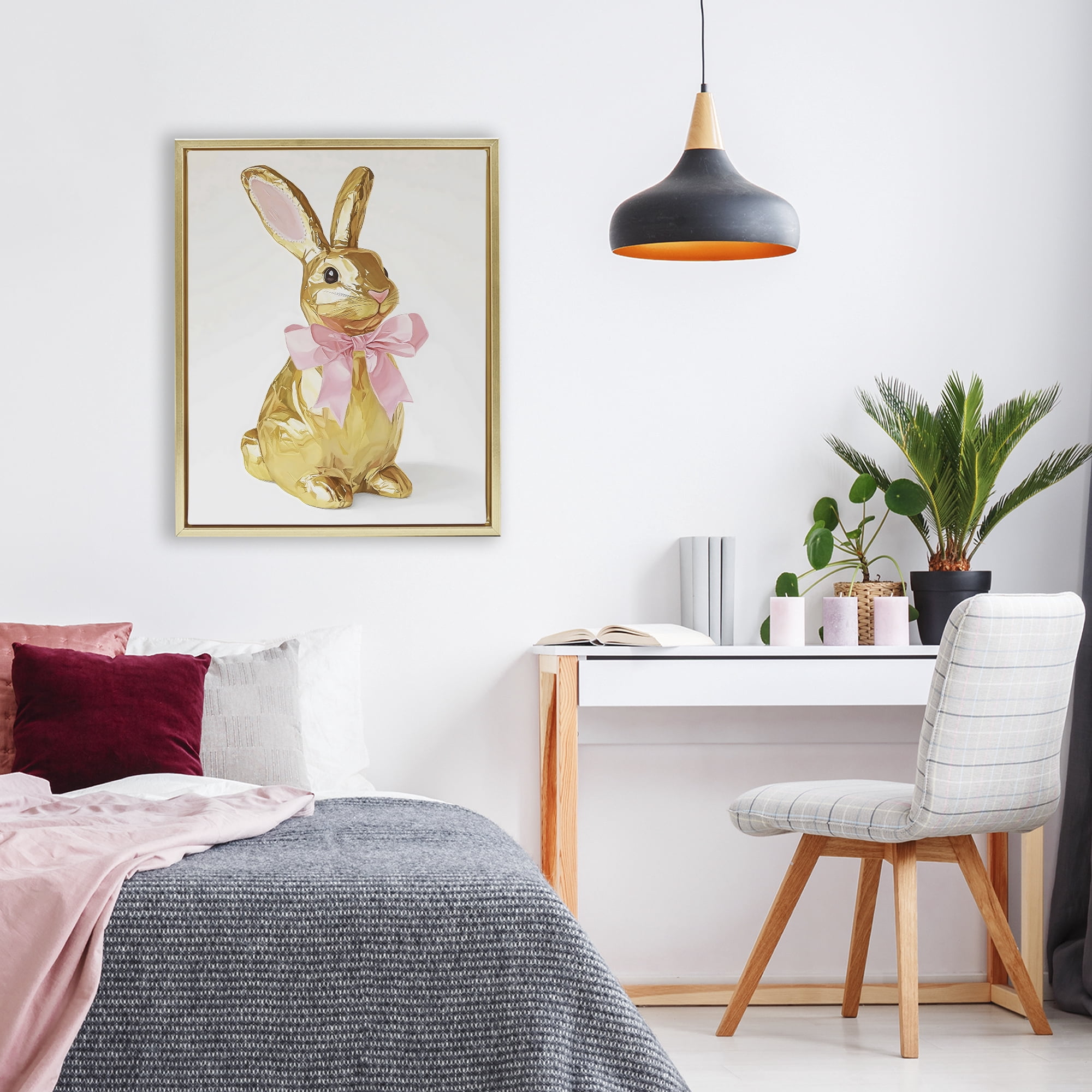 Stupell Industries Golden Easter Bunny with Ribbon Gold Framed Floater Canvas Wall Art, design by The Prints Vibe