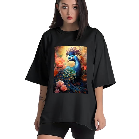 Plus Size Shirt for Women Black Tops for Women Short Sleeves Shirt for Women Peacocks T Shirt Crewneck Shirt for Women XS