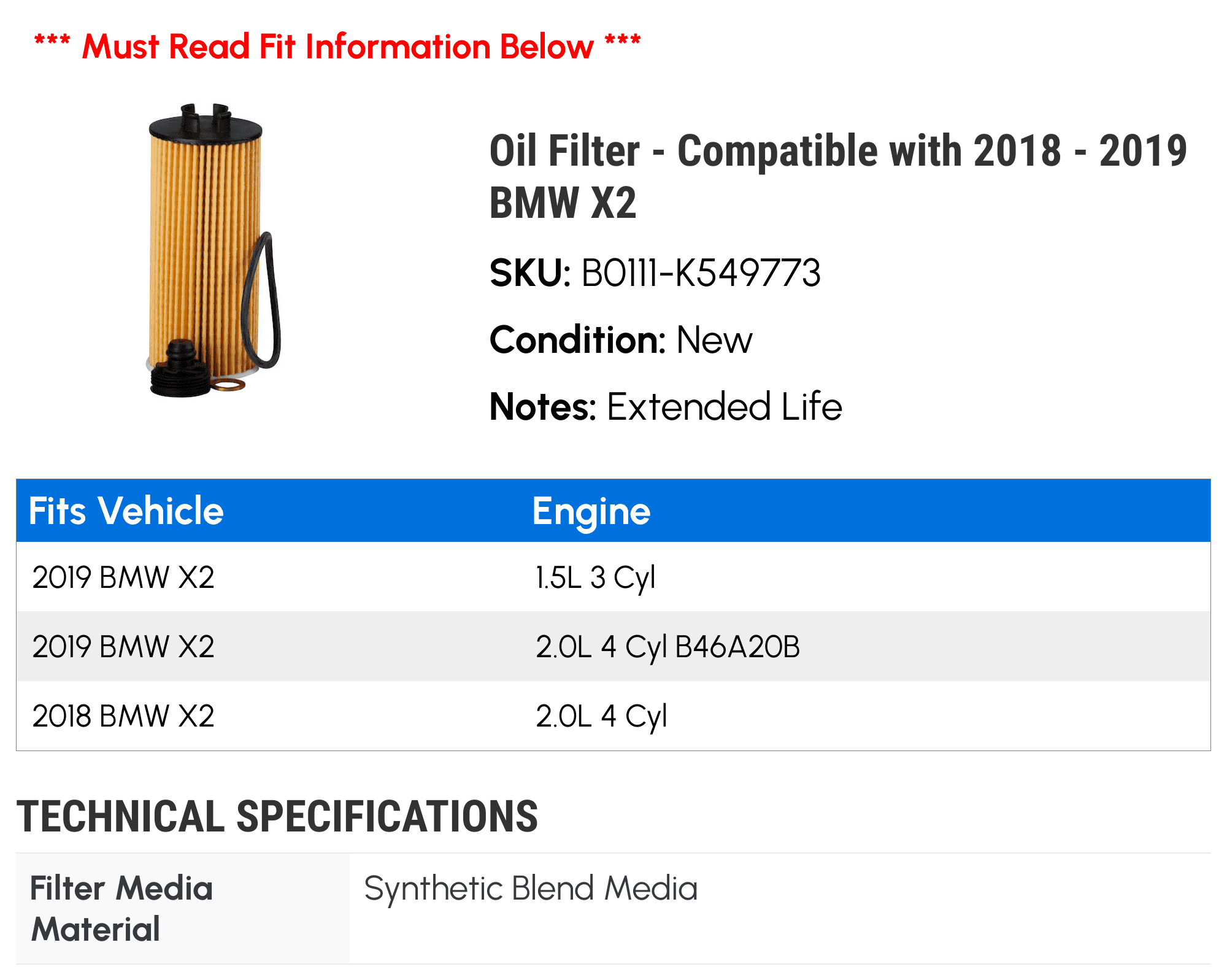 Oil Filter - Compatible with 2018 - 2019 BMW X2