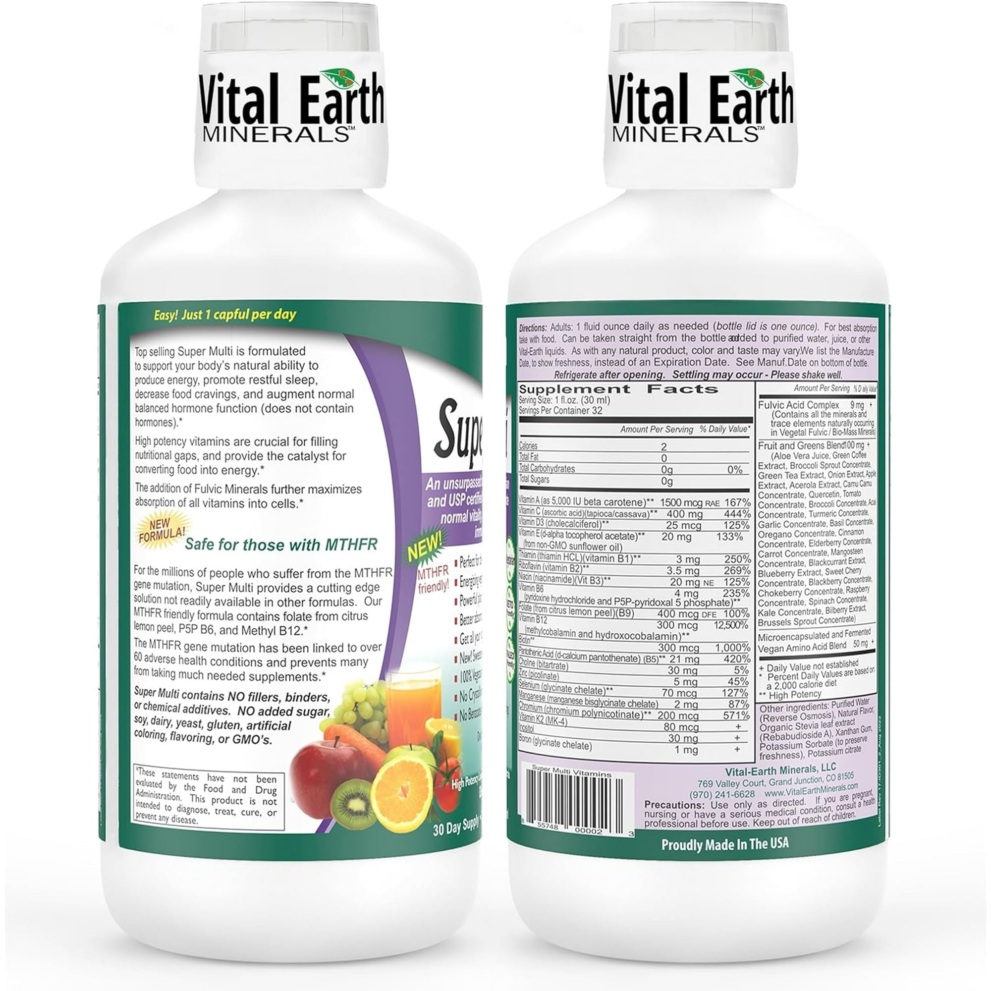 Vital Earth Minerals Super Multi Liquid Vitamins 32 Fl. Oz. - 1 Month Supply- High Potency - MTHFR Friendly- Vegetarian - Liquid Multi Vitamin Supplement with Ionic Fulvic Minerals