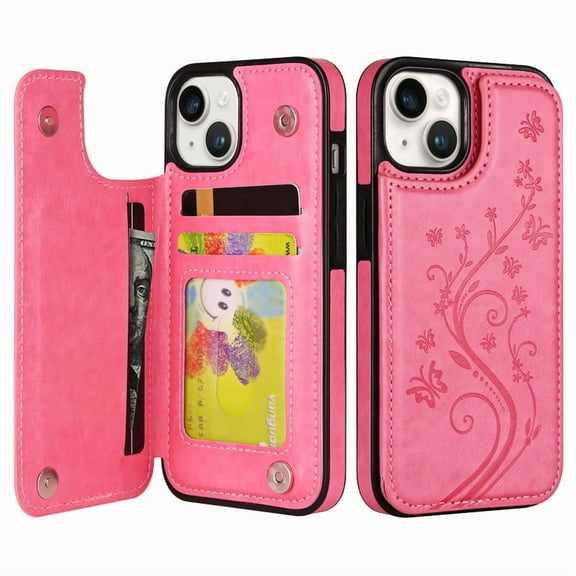 VENINGO Wallet Case for iPhone 13 & iPhone 14 with Card Slot, Exquisite Embossed Pattern PU Leather Kickstand Card Slots Case, Double Magnetic Clasp Shockproof Anti Slip iPhone 14 Case, Pink