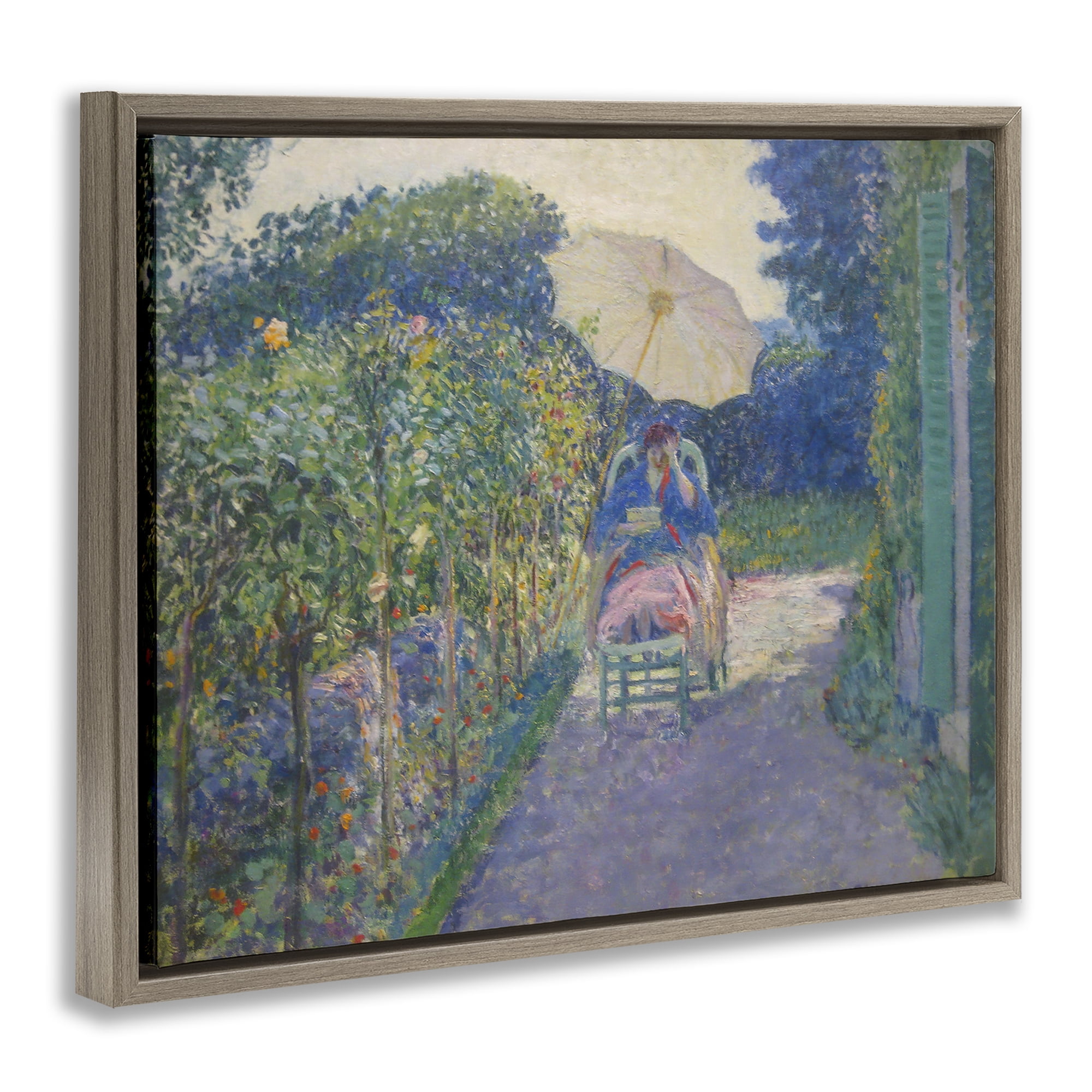 Stupell Industries Classical Woman in Garden Landscape & Nature Painting Brown Floater Framed Canvas Art Print Wall Art, 21 x 17