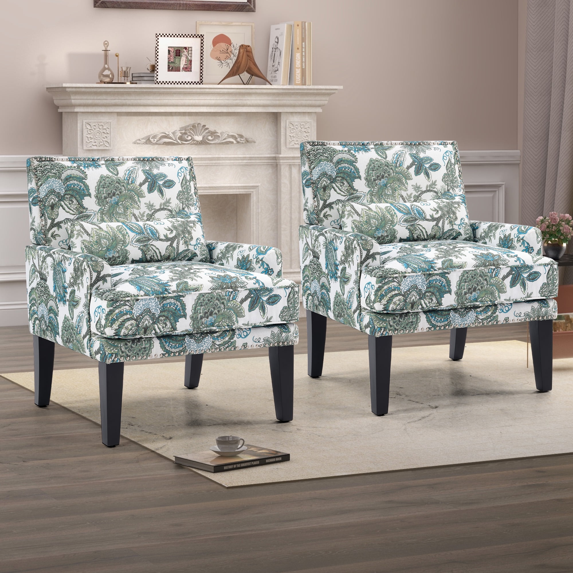 Bonzy Home Modern Floral Print Accent Chair with Arms and Wooden Legs, 2-Pack Mid‑Century High‑Back Wing Chair with Padded Armrests & Cushioned Seat for Living Room, Blue Green Floral