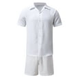 thumbnail image 3 of VBTAPA Mens Cotton Linen 2 Piece Outfits Short Sleeve Cuban Shirts and Shorts Set Solid Textured Casual Beach Suit Summer Vacation Matching Sets White XXL, 3 of 9