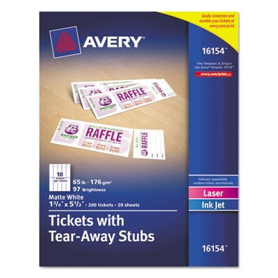 Printable Tickets w/Tear-Away Stubs, 1-3/4 x 5-1/2, Matte White, 200 Tickets/Pk, Sold as 200 Each, Ticket with tear-away stub. By Avery,USA