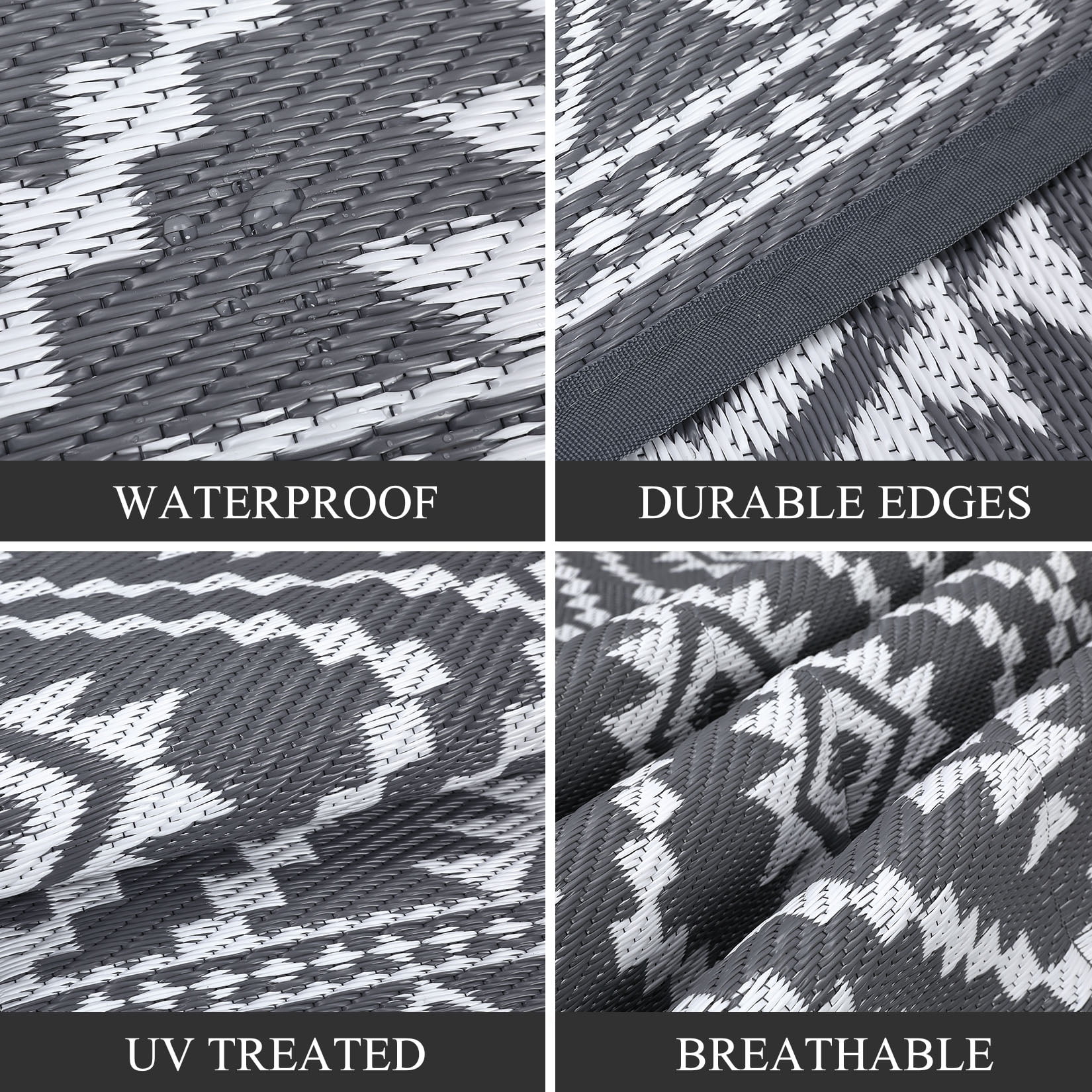 GlowSol 8x10 Outdoor Rug for Picnic Beach Deck-Outdoor Waterproof Patio Rug Indoor Outdoor Boho Geometric Area Rug Reversible Rug, Gray/White