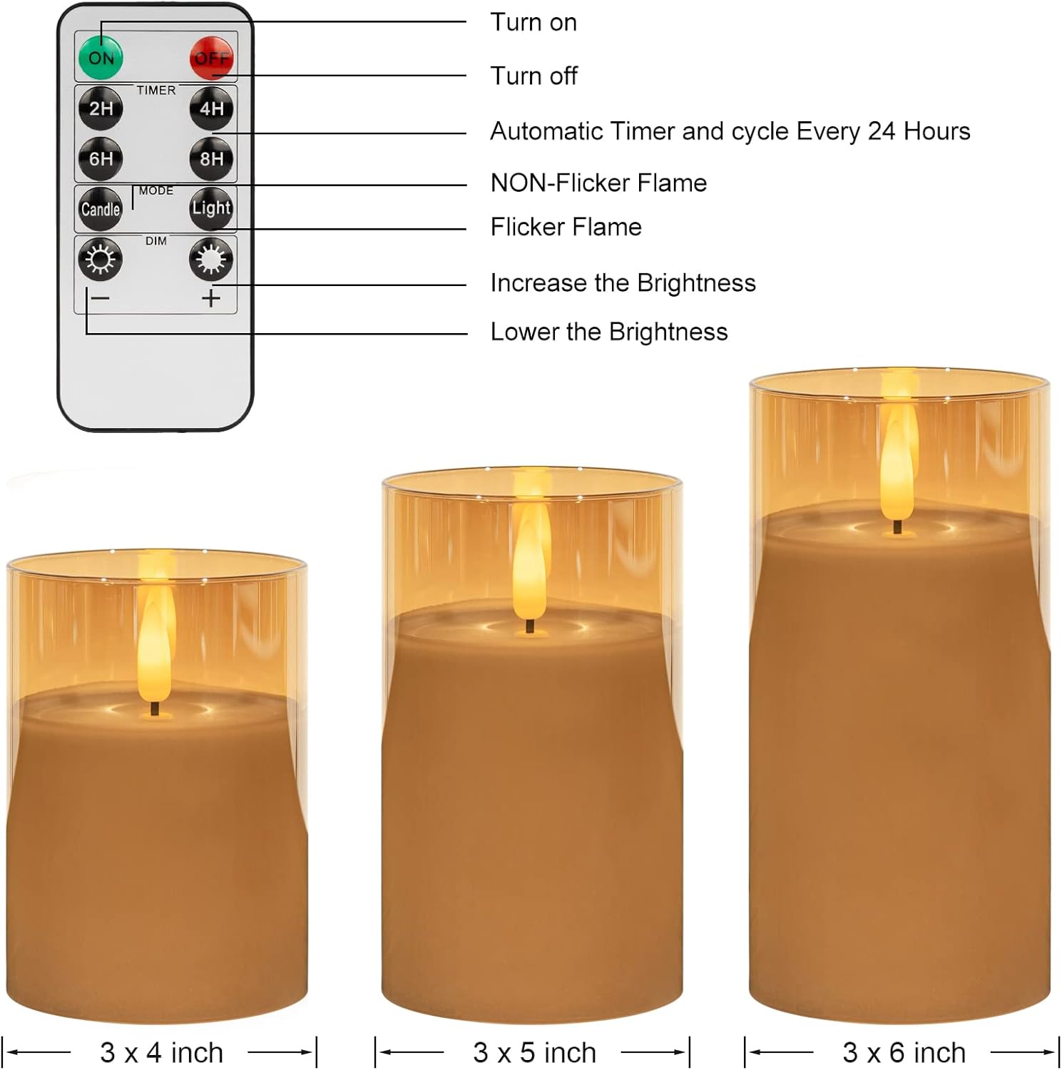 HearthHarmony Glass Flickering Flameless Candles with Remote, Battery Operated Candles with Timer, Fake LED Pillar Candles for Home Fireplace Mantle Bathroom Decor, Gold