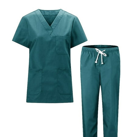 

1 Set of Nursing Uniform Cotton Clothes Short Sleeve and Pants - Size M (Dark Green with 1 Pocket or 3 Pockets for Random)