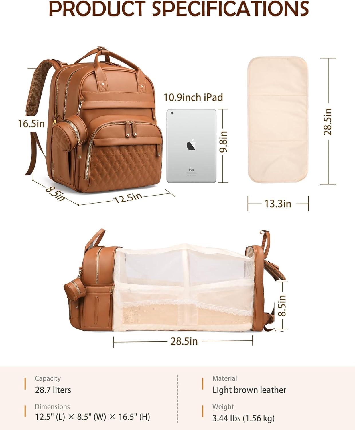 Diaper Bag Backpack with Changing Station, Newborn Essentials Must Haves, Water-Resistant Vegan Leather Diaper Backpack, Large Capacity Baby Travel Bag with Stroller Straps, Unisex Brown