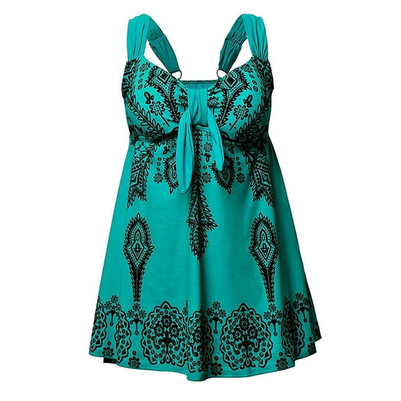 Plus Size Retro Print Fashion Pin Up Swimdress Style Swimsuit Tankini Set