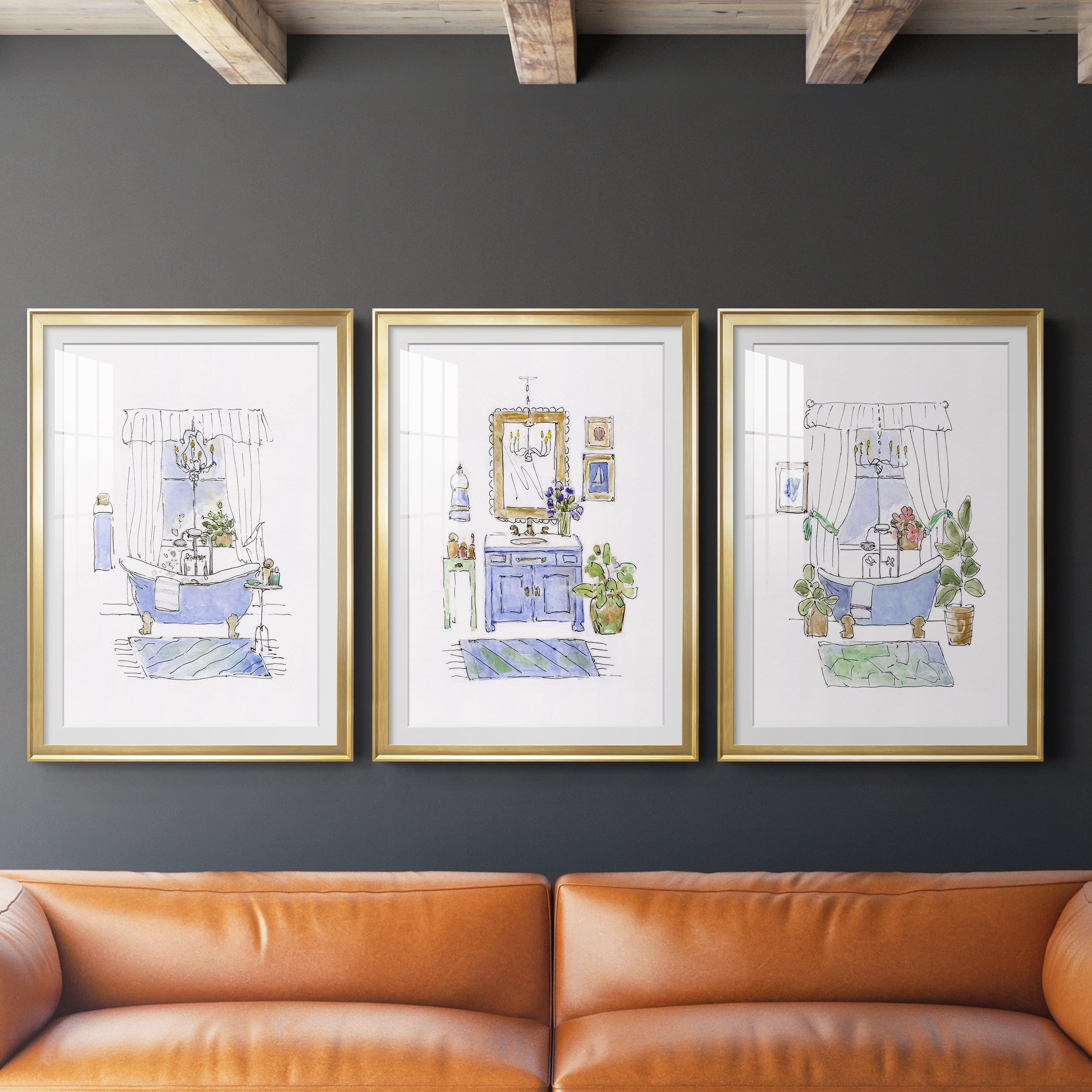 Sketchy Bath I Premium Framed Prints Set of 3 - Ready to Hang - 26.5 x 36.5 Each - Gold Frame