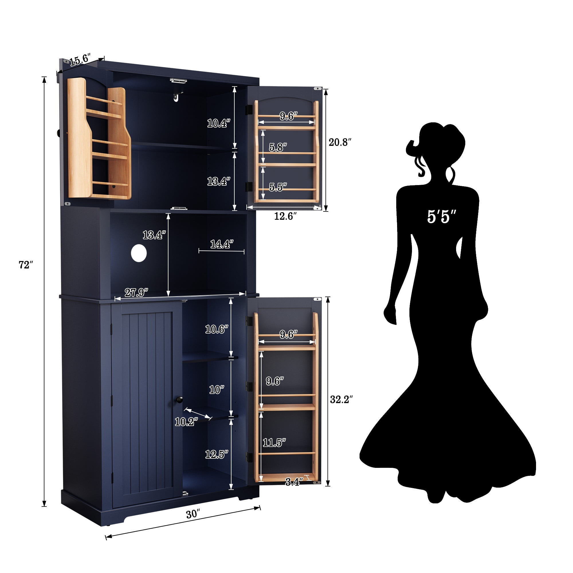 HLR 72" Kitchen Pantry Cabinet, Freestanding Pantry Storage Cabinet with Hutch & Shelves, Navy Blue