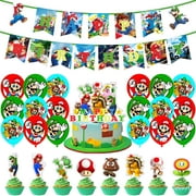 Mario Birthday Party Supplies, Party Decorations Set Include Banner, Balloons, Cake Toppers, Small Cupcake Toppers, for Boys Girls Theme Party