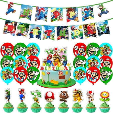 Mario Birthday Party Supplies, Party Decorations Set Include Banner, Balloons, Cake Toppers, Small Cupcake Toppers, for Boys Girls Theme Party