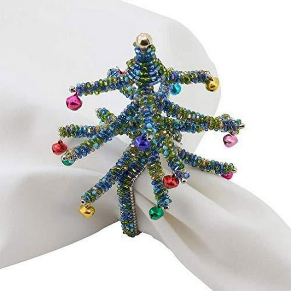 Fennco Styles Hand Beaded Christmas Tree Napkin Rings, Set of 4 - Glass Beads Decorative Napkin Holders for Home, Dining Room, Banquet, Family Gathering, Holiday Décor and Special Occasio