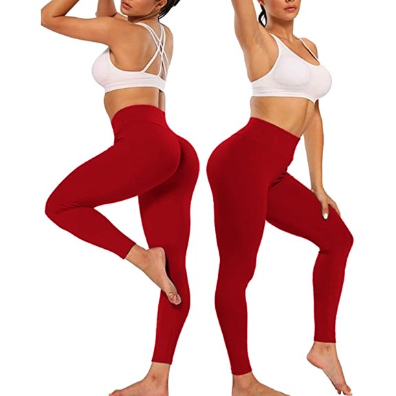 WIZUTIZ Yoga Pants Women Plain Casual Fitted Yoga Pants Elastic Spandex High Waist Full Length Pants Solid Pants for Ladies Workout Swimming Pool Red