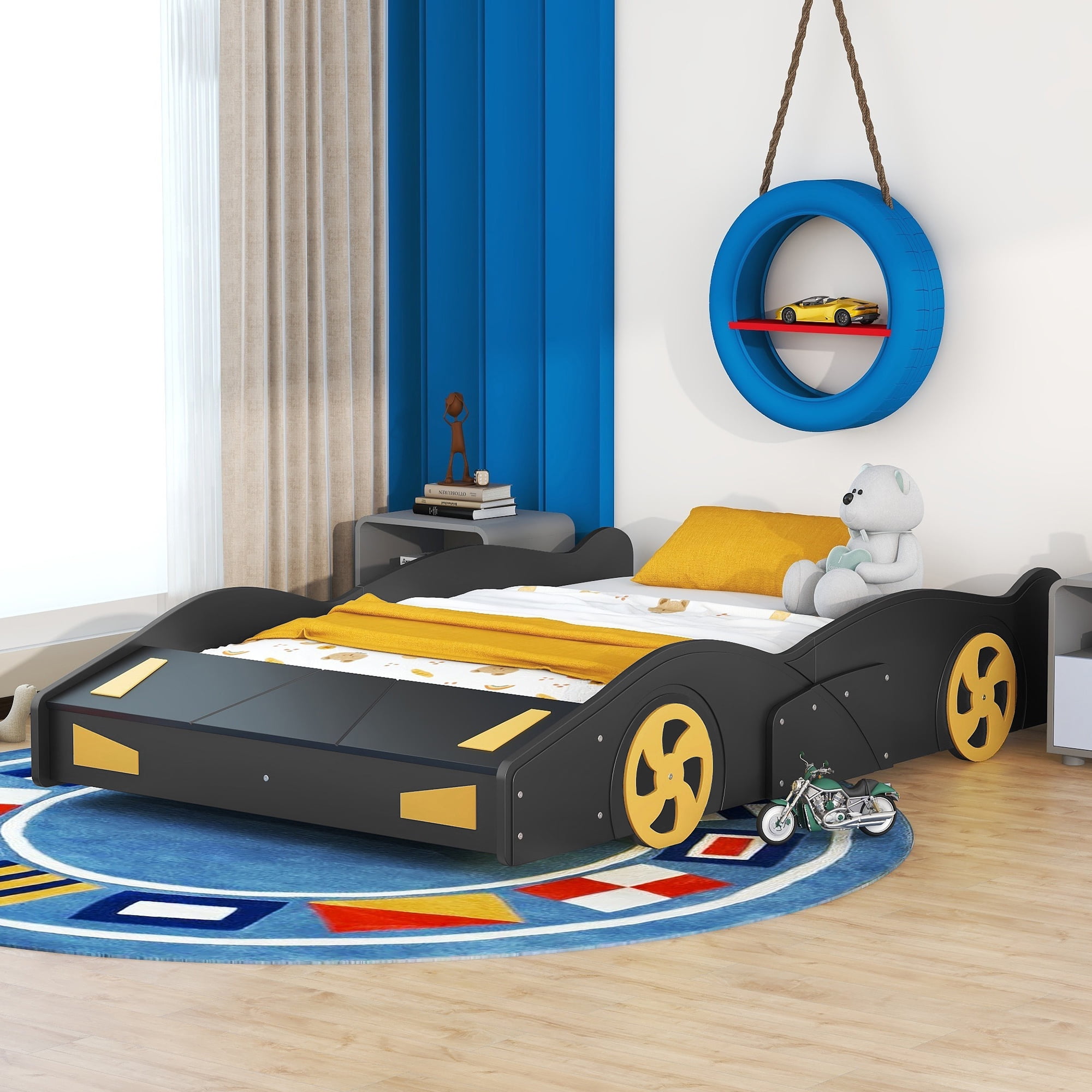 Harper & Bright Designs Full Size Race Car Bed Platform Bed for Kids, Wood Car-Shaped Kids Bed Frame with Storage and Wheels for Boys Girls, Black