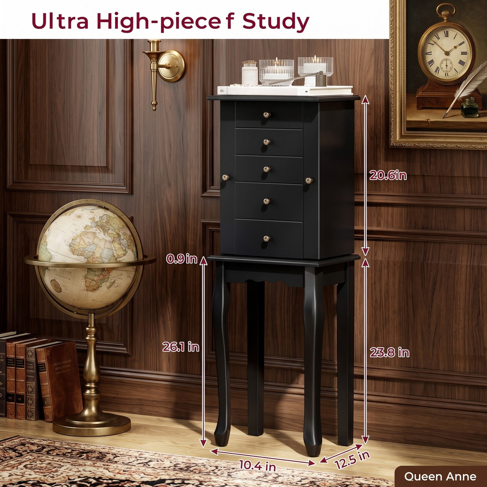 Furnibear Freestanding Armoire Storage Jewelry Cabinet with 5 Drawers, Side Compartments, and Lift-Top Mirror for Bedroom, Black