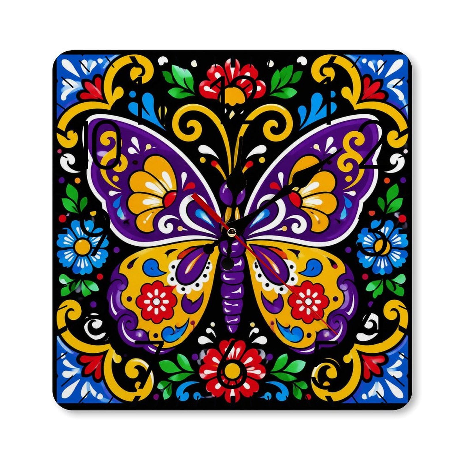 RKSupls 10×10inch Square Silent Wall Clock Wooden Frame, Talavera Butterfly Flower Design Scale Decorative Clock for Home Bedroom Living Room Office