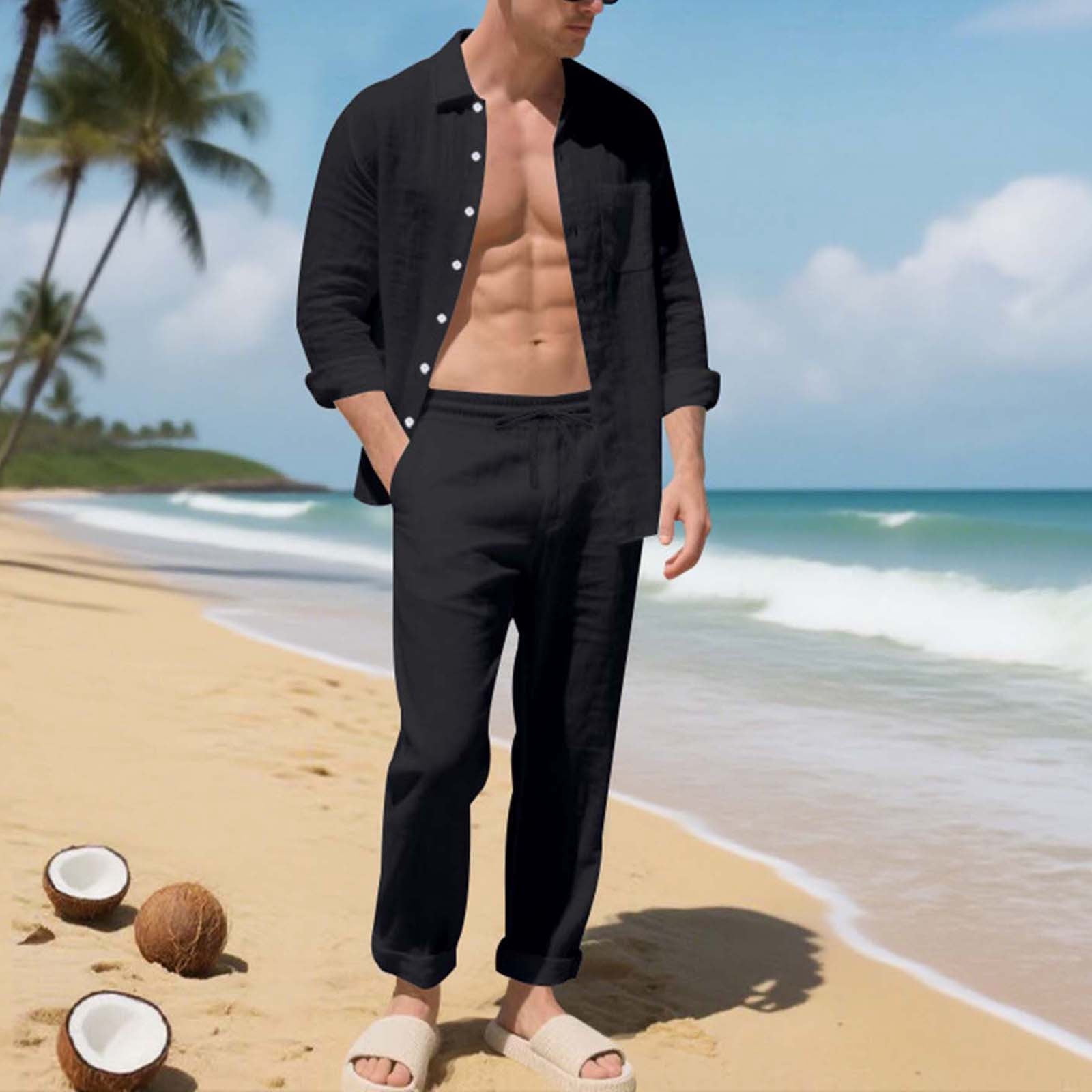 Men's Linen Casual Outfits Piece Solid Color Cuban Shirt and Pants Set Lightweight Beach Vacation Suit