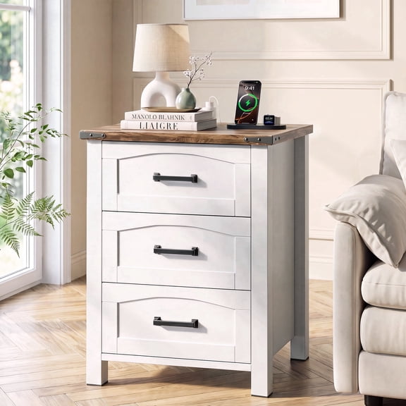 Easoger Farmhouse 3-Drawer Nightstands with Charging Station & USB-C, 18" Wide Rustic White Wood Bedside Table for Bedroom