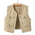 thumbnail image 2 of Inleife Women Round Collar Sleeveless Cropped Denim Vest, Button Down Multi Flap Pocket Washed Jean Waistcoat, Vintage Casual Streetwear Sleeveless Outer Layer Jacket, 2 of 6