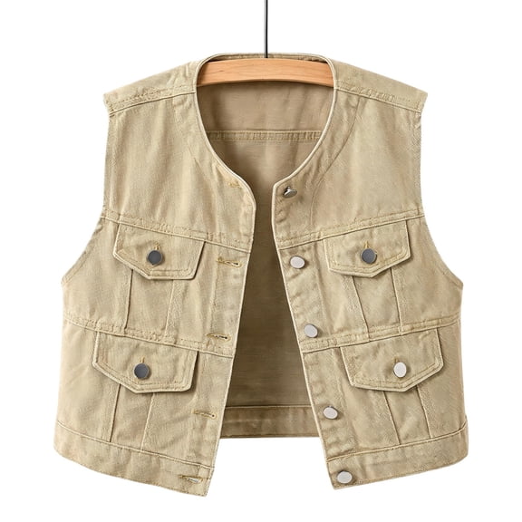 Women's Denim Vest Vintage Croppped Waistcoat V-Neck Jean Gilet Botton Vest Khaki M