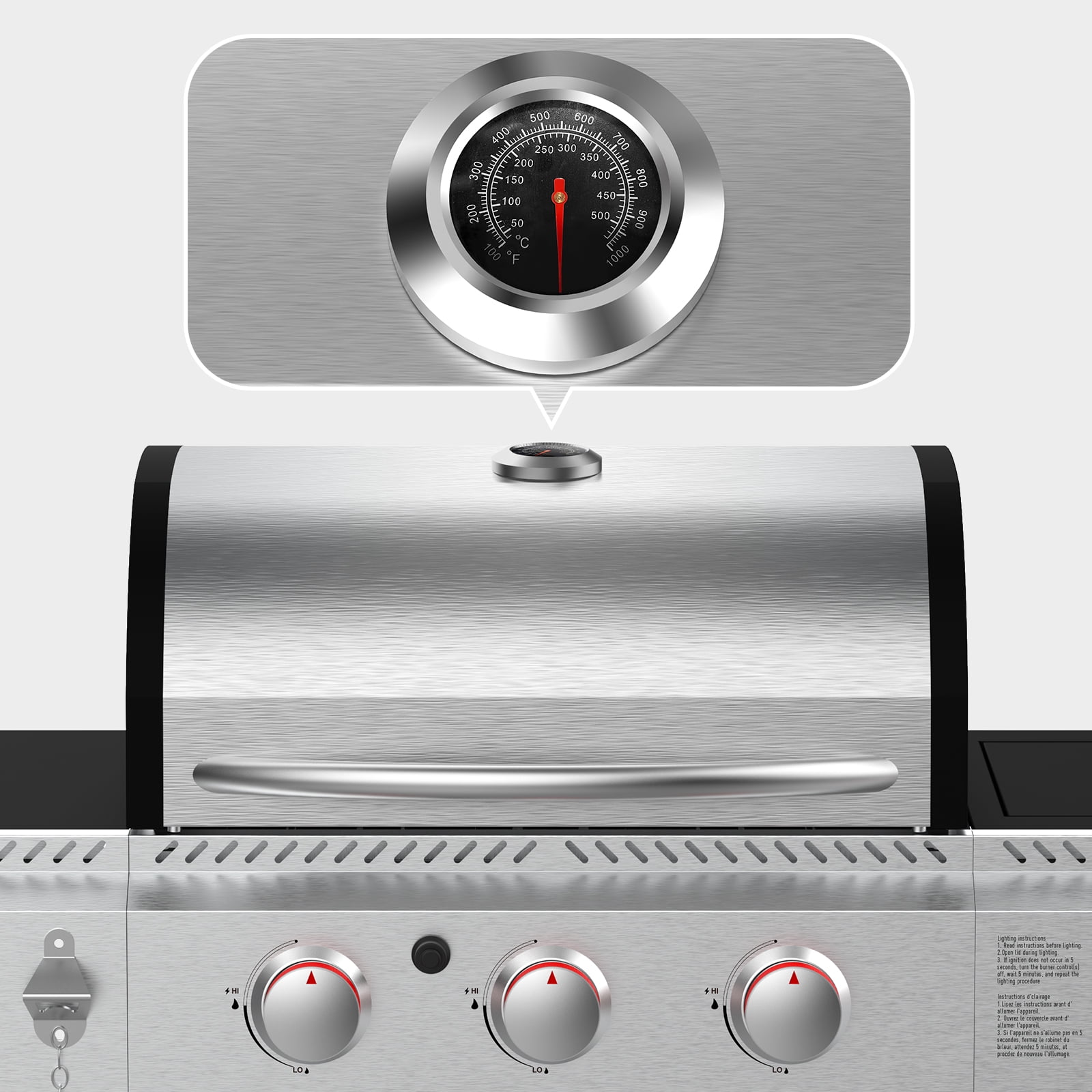 KNDKO 3-Burner Propane Gas Grill with Side Burner, 37,000 BTU Stainless Steel BBQ Grill, Porcelain-Enameled Cast Iron Grates, Heavy-Duty Design for Camping & Outdoor Cooking
