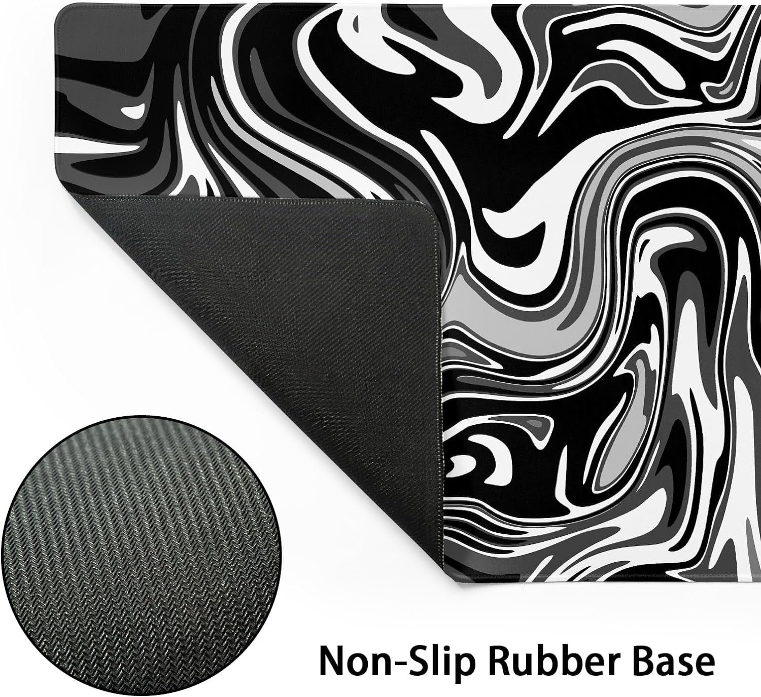 Black White Swirl Gaming Mouse Pad XL Gray Marble Grey Fluid Design Extended Large Mouse Pad Big Desk Mat Non-Slip Rubber Base Stitched Edge Long Keyboard Playmat for Desk Computer,31.5×11.8 Inch