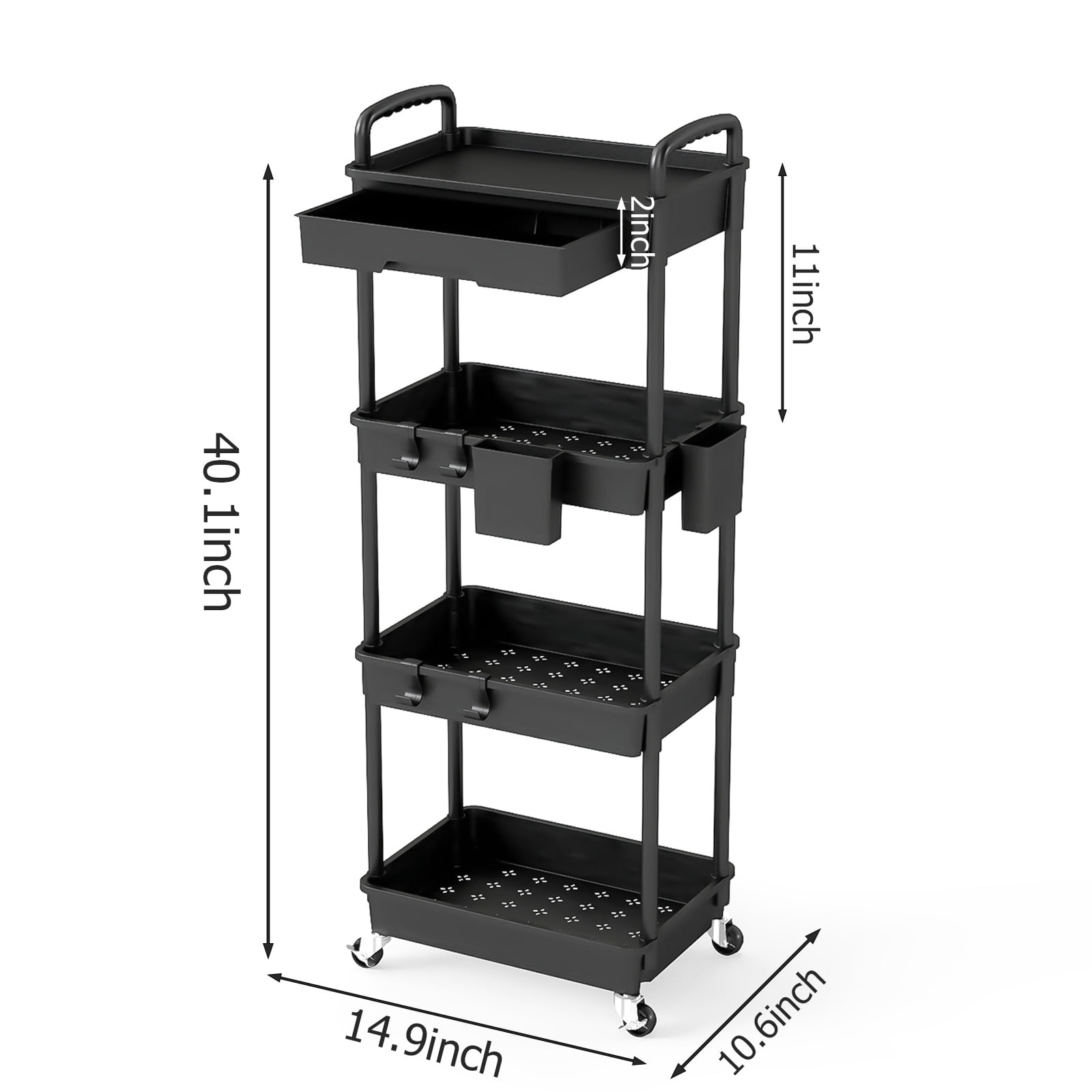 LLMRR 4 Tier Rolling Utility Cart with Drawer, Cart with Drawer & Handle, Bathroom Cart Organizer, Rolling Storage Cart with Drawer, Rolling Cart with Lockable Wheels for Kitchen, Office, Black