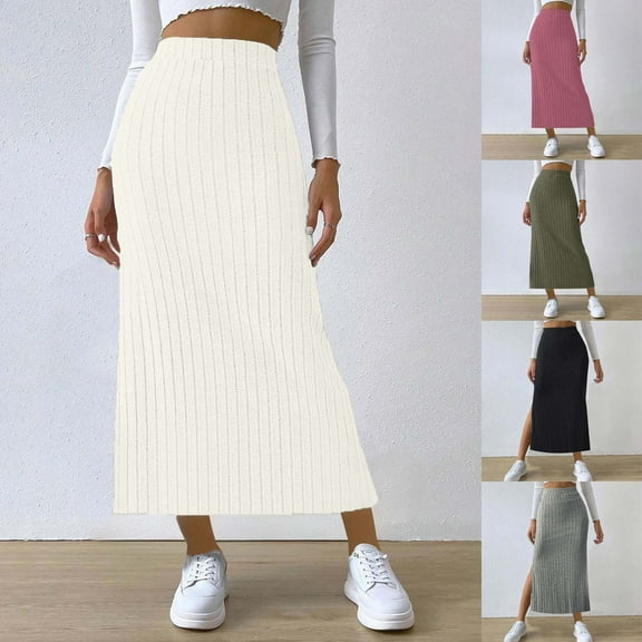 USSUMA Skirts for Women Midi Skirt Solid Color High Waist Slim High-Elastic Mid-Calf Skirt Vintage Skirts Loose Dress School Reduced Price Army Green Skirt for Women L