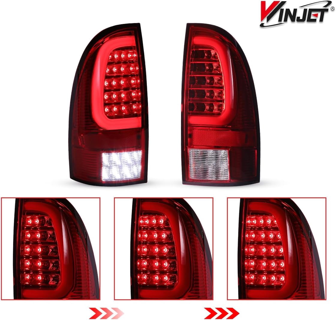 Winjet LED Tail Light Assembly Fit For 2005-2015 Toyota Tacoma,Full Led Taillight Replacement w/Red Sequential Turn Signal/Running/Brake/Reverse Light (Black Housing Red Lens)
