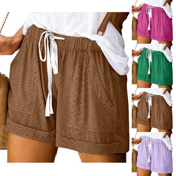 Vhkiploz Summer Casual Shorts for Women Hollow Elastic Waist Cuffed Sweat Shorts Running Gym Active Workout Pull-on Jogger Pants