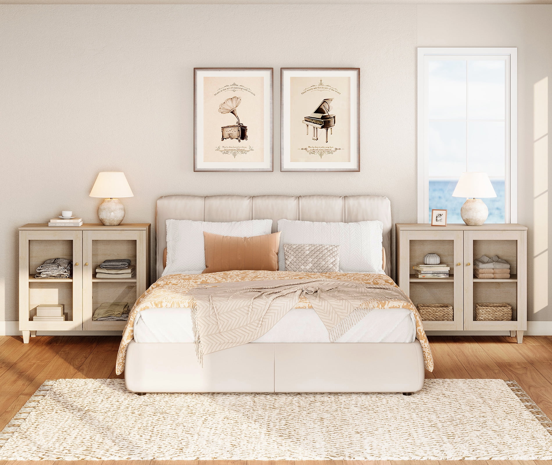 Large Bedroom Nightstands with Glass Doors - Set of 2, Bedside Table with Adjustable Shelf and Cable Management, White Oak