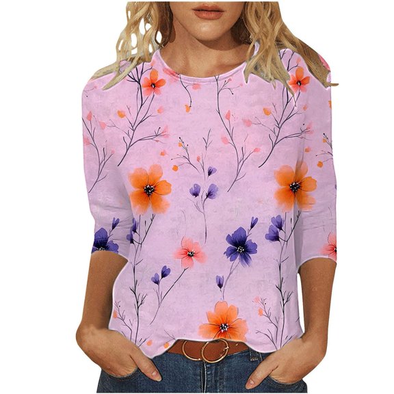 Yutgune Womens 3/4 Sleeve T-Shirt Crew Neck Printed Floral Casual Loose Fit Soft Lightweight Tunic Summer Everyday Wear