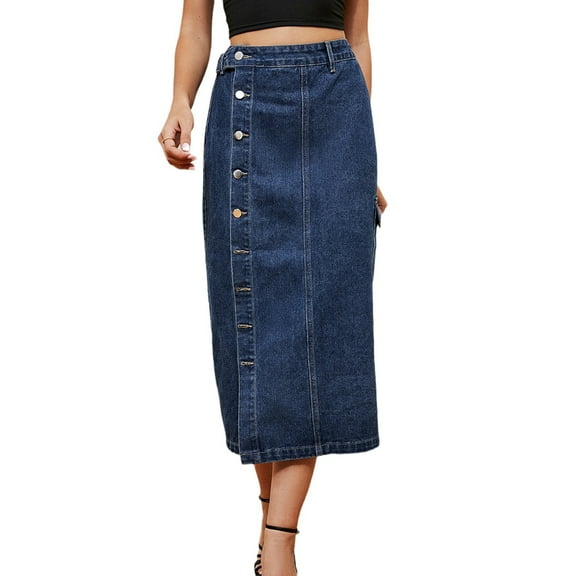 Chenyin Women's High Waisted Denim Maxi Skirts Summer Washed Jean Short Skirts with Pockets Long Skirts for Womens Size S-2XL