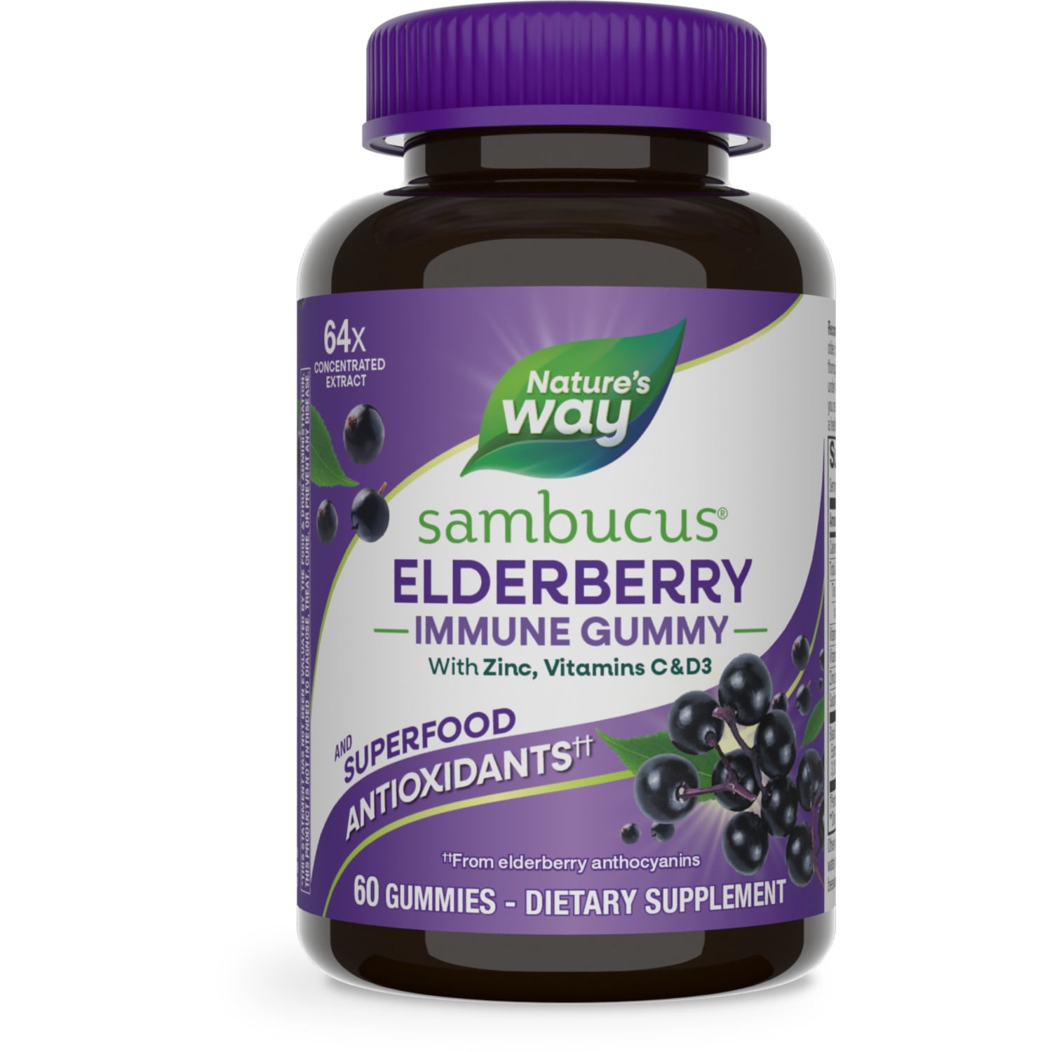 (2 pack) Nature's Way Sambucus Elderberry Immune Gummies, with Vitamins C, D3, & Zinc, Unisex, 60 Count
