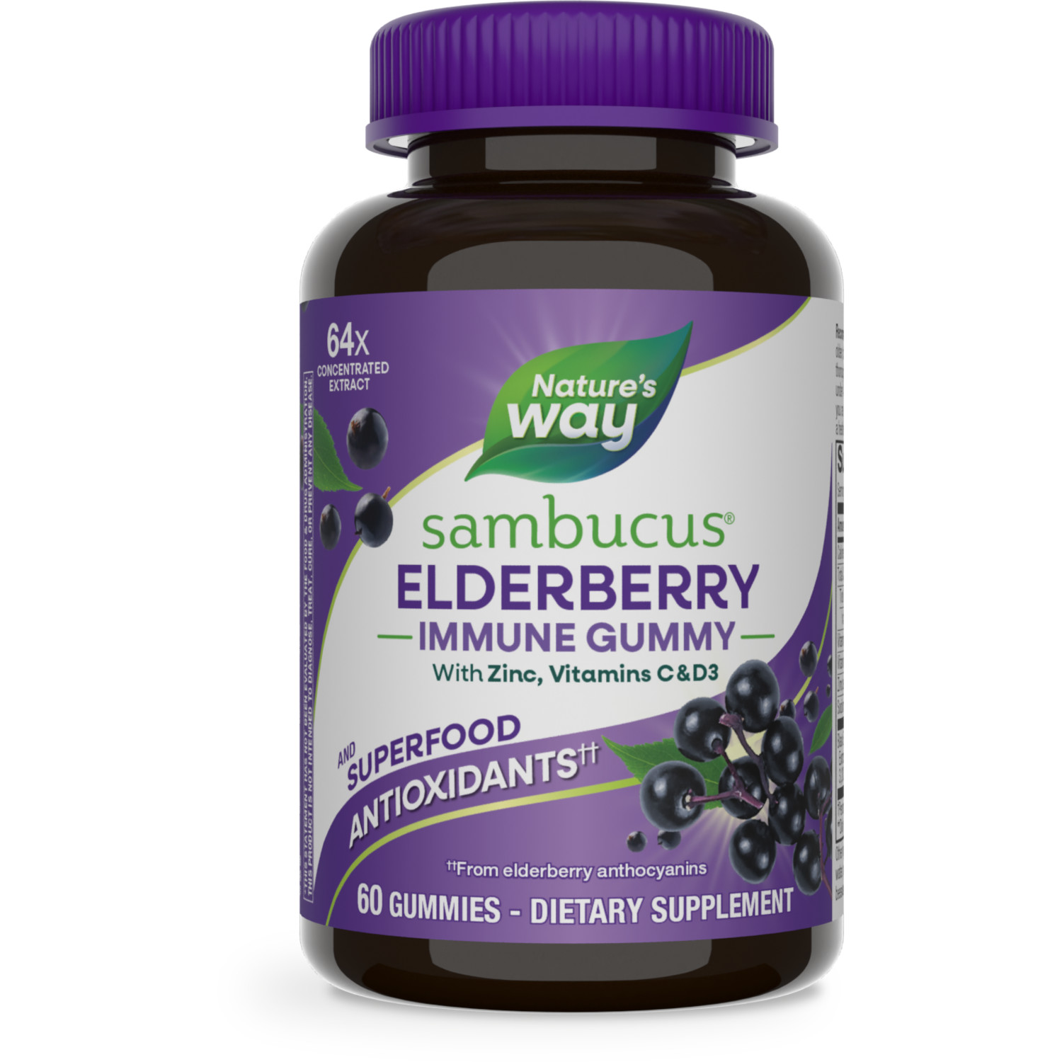 Nature's Way Sambucus Elderberry Immune Gummies, with Vitamins C, D3, & Zinc, Unisex, 60 Count