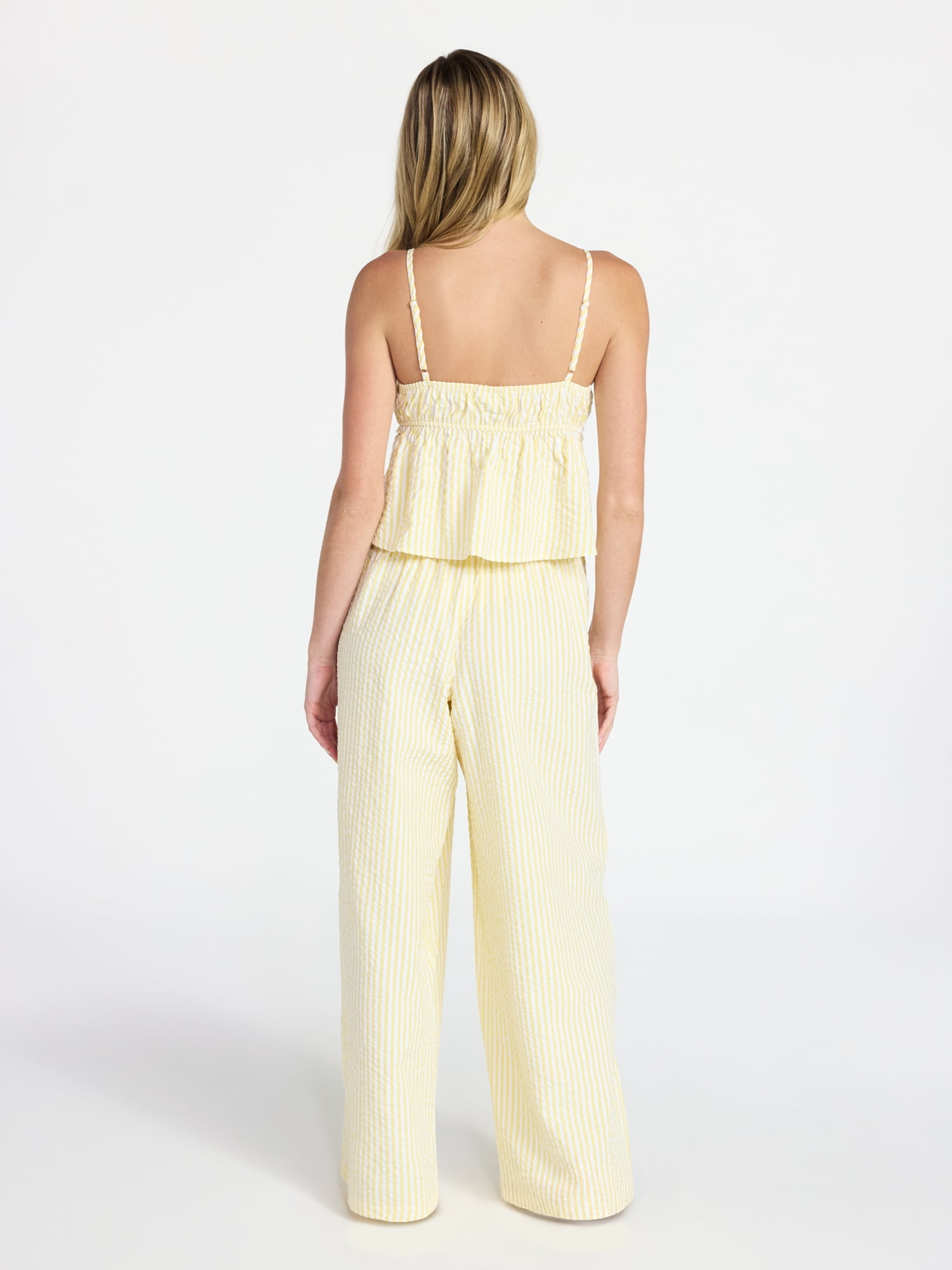 No Boundaries Striped Seersucker Ruffle Cami and Drawstring Pant Set 2 Piece Women s