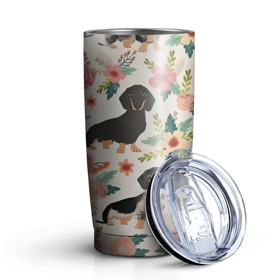 20oz Tumblers Dachshund and Flower Stainless Steel Vacuum Insulated Double Wall Travel Tumbler Cups Mug with Lid and Straw,Cleaning Brush for Cold & Hot Drinks