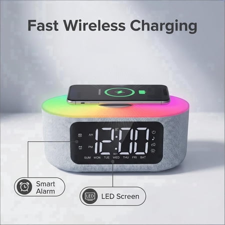 Wireless Charging Alarm Clock for Bedroom, with Big Led Screen Display, Bluetooth Stereo Sound Speaker, FM Radio, Fast Wireless Charging, USB Charging Port, Nightlight, White Noise