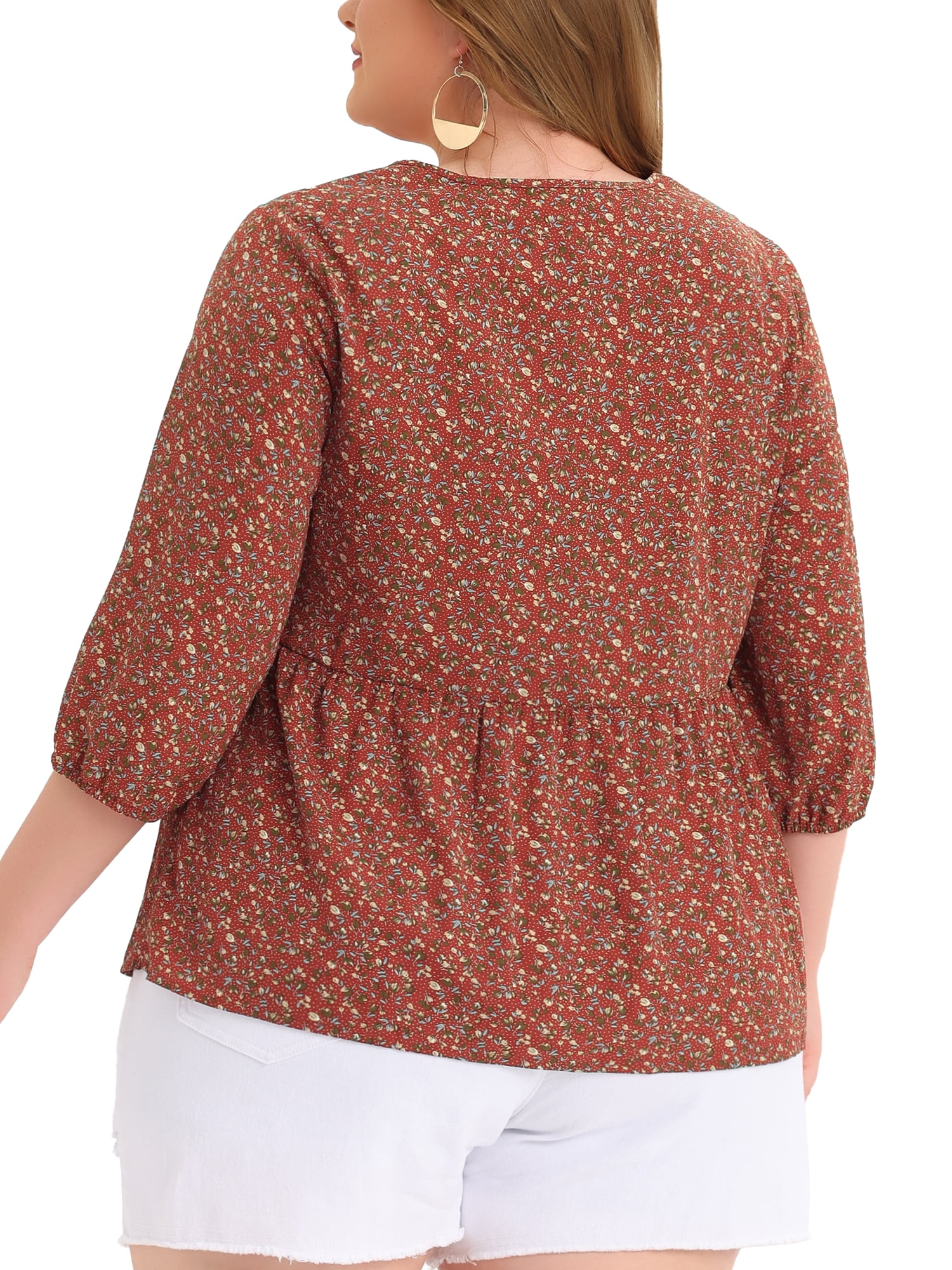 Unique Bargains Women's Plus Size V Neck Flowy 3/4 Sleeve Floral Blouse 1X Red Brown